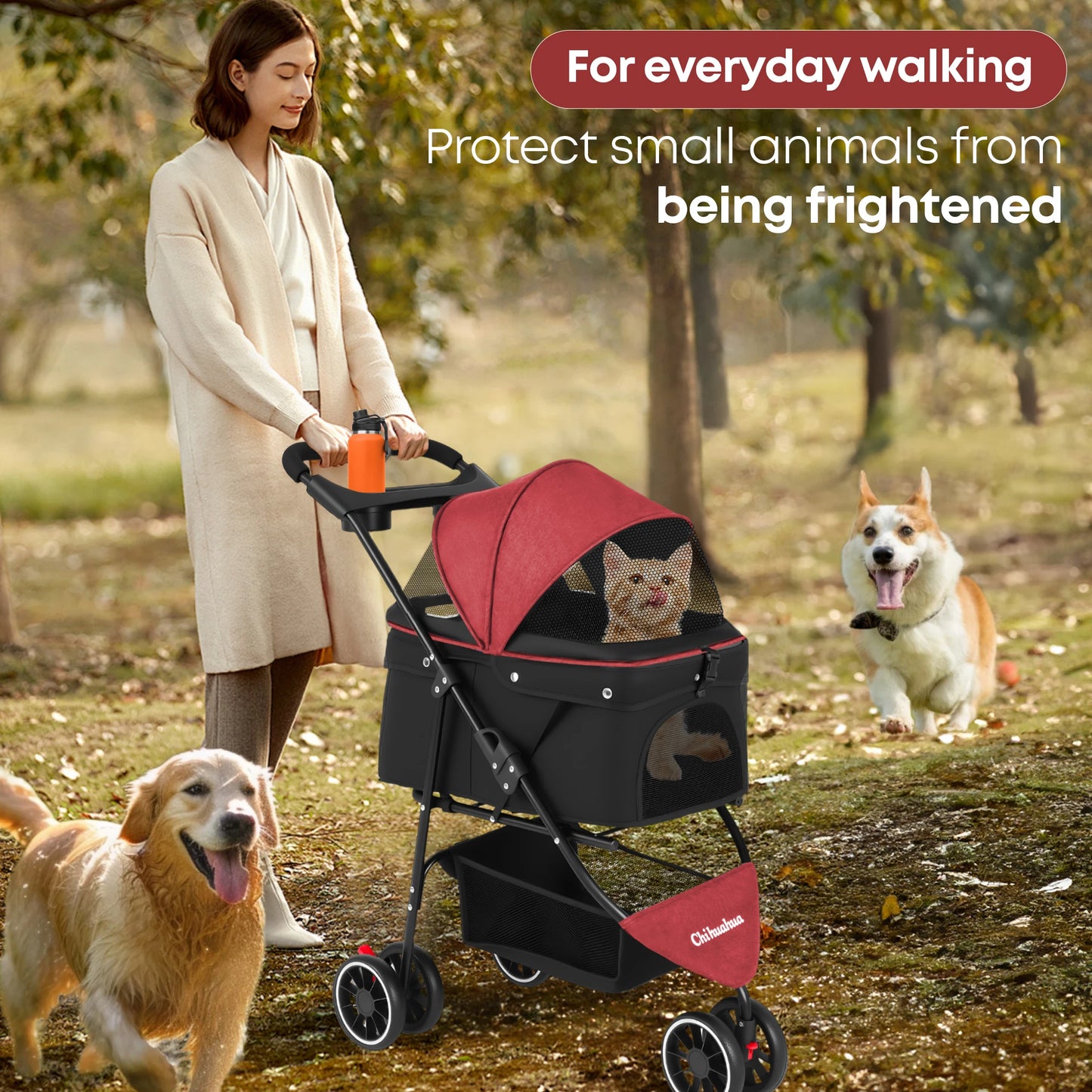 Pet Stroller 3 Wheel Foldable Travel Carrier for Dogs Cats