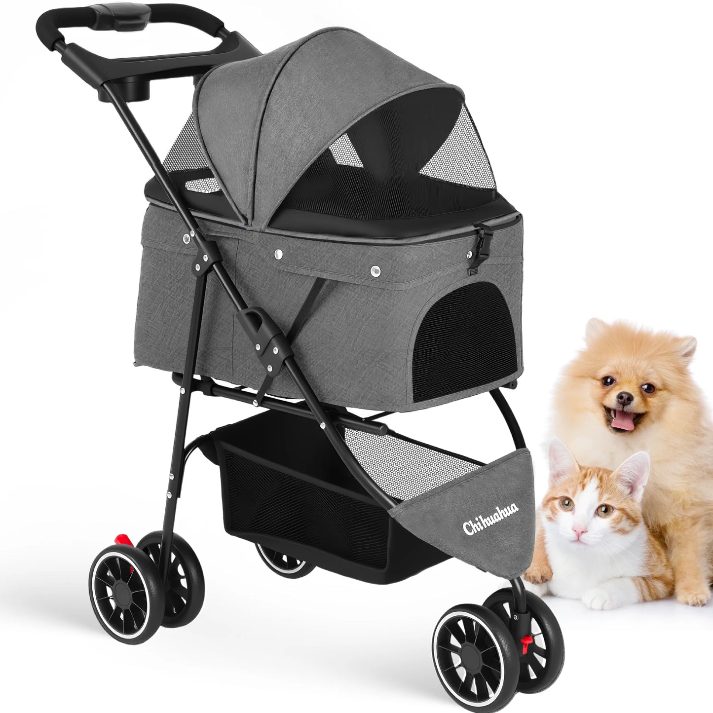 Pet Stroller 3 Wheel Foldable Travel Carrier for Dogs Cats