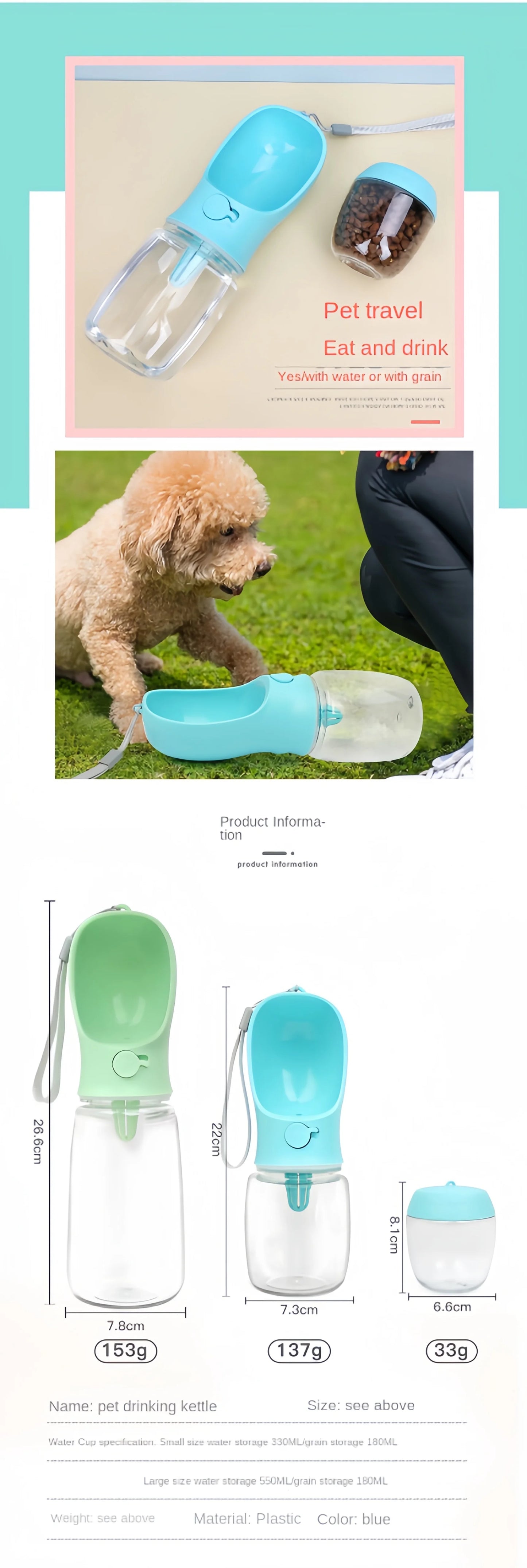 Portable Dog Cat Water Bottle with Food Storage Container