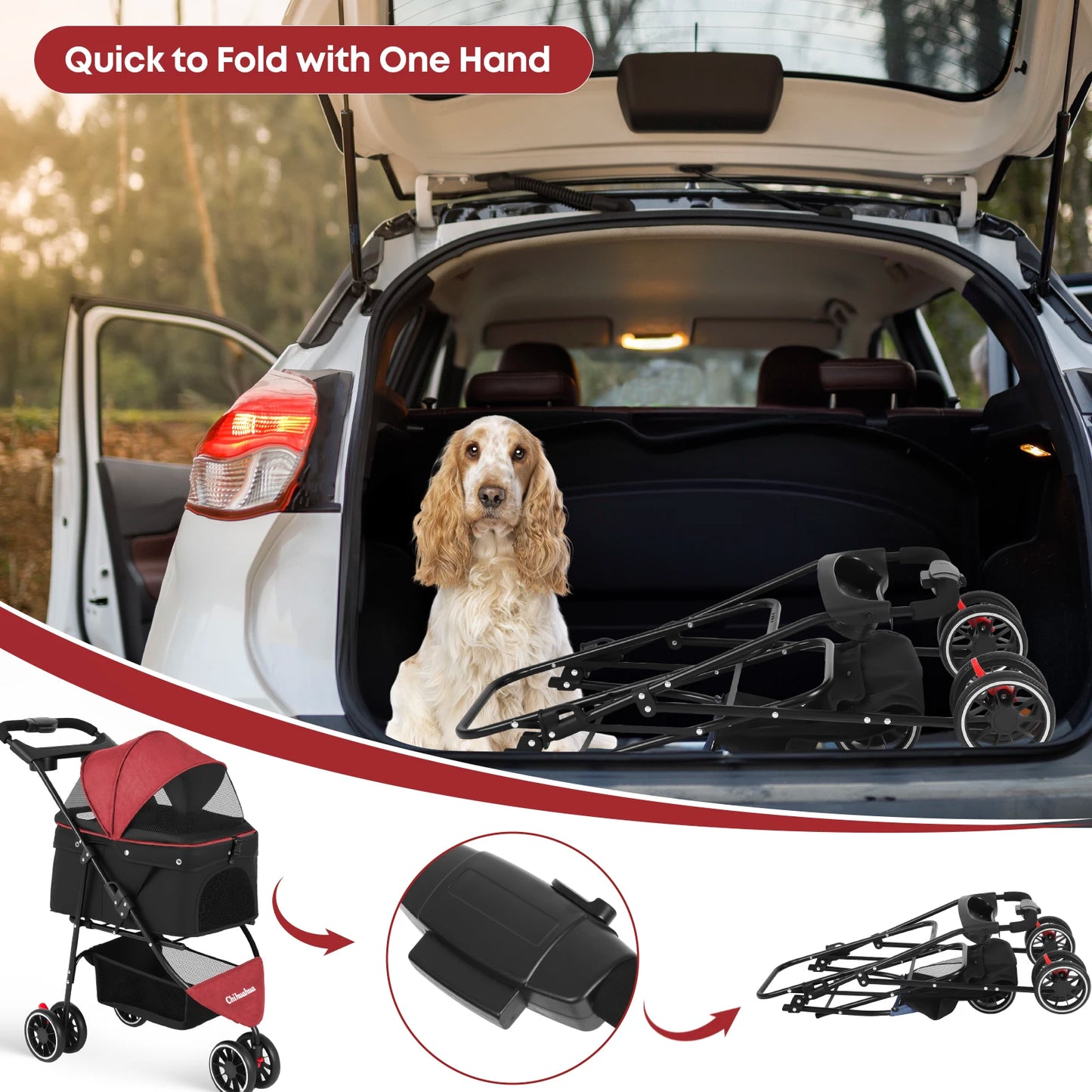 Pet Stroller 3 Wheel Foldable Travel Carrier for Dogs Cats