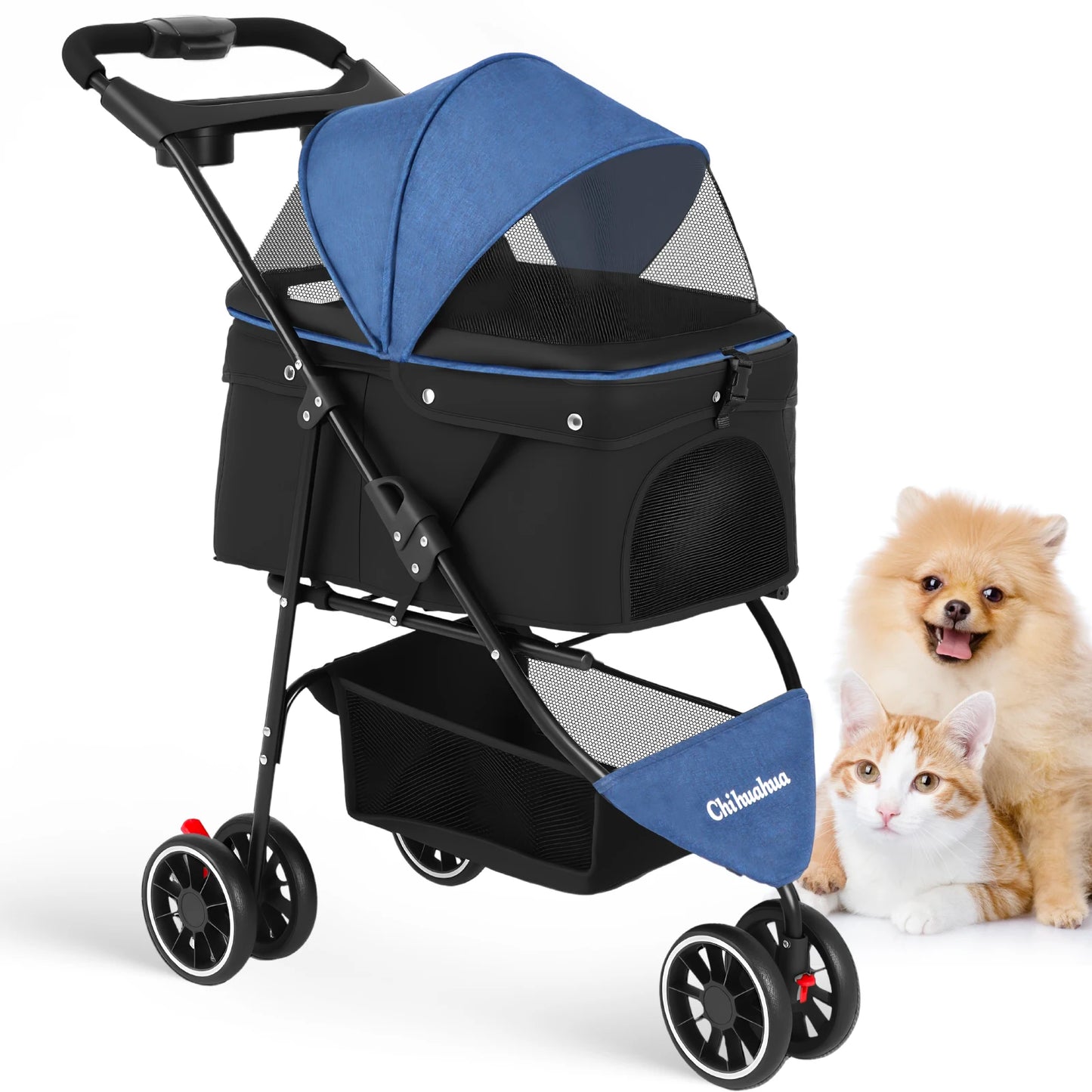 Pet Stroller 3 Wheel Foldable Travel Carrier for Dogs Cats