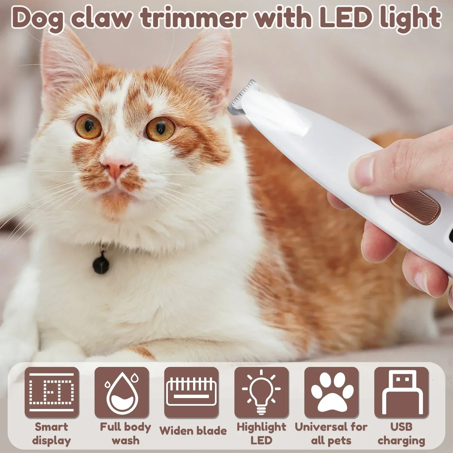 Dog Paw Trimmer with LED Light Waterproof Pet Clippers