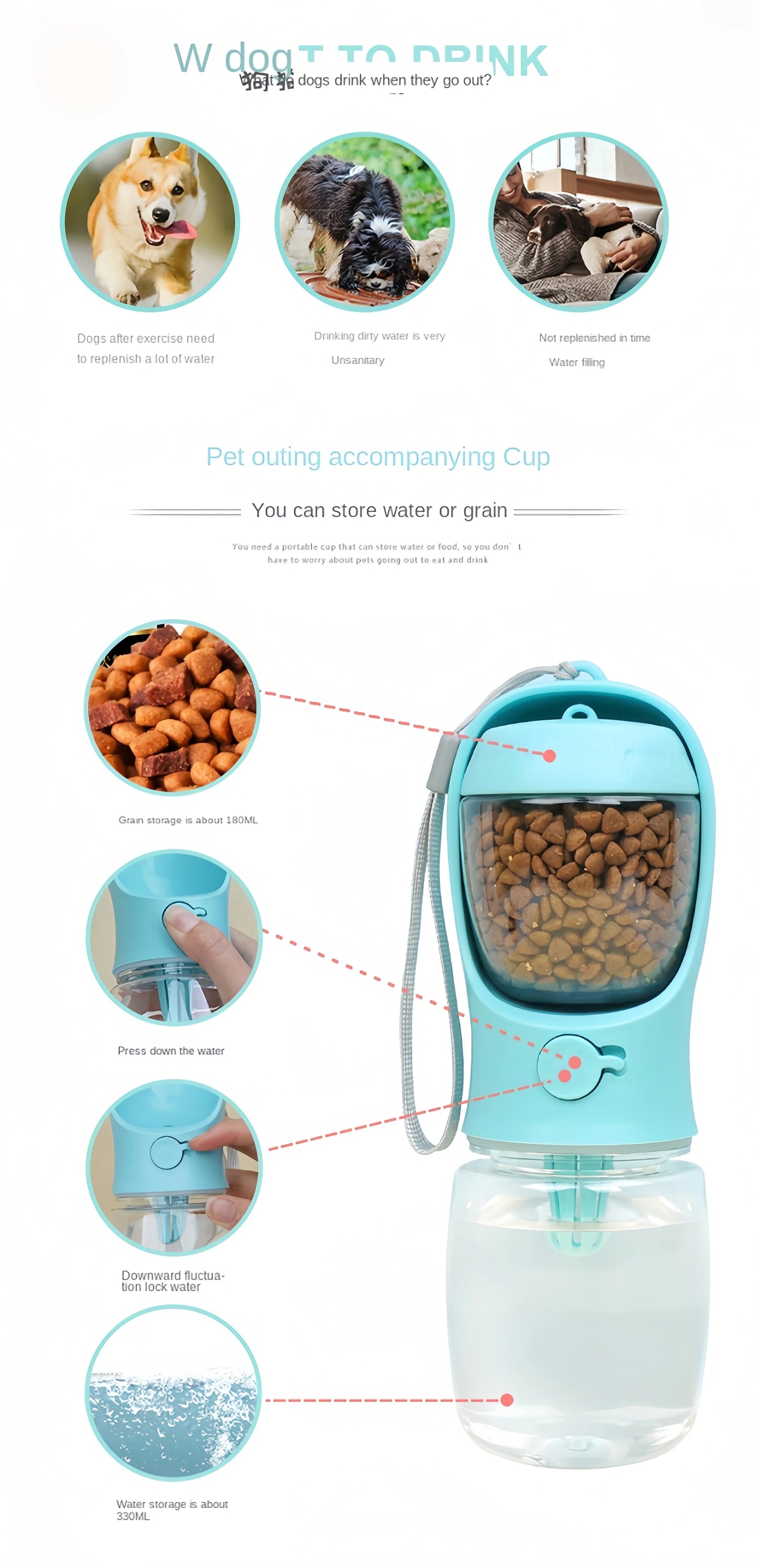 Portable Dog Cat Water Bottle with Food Storage Container