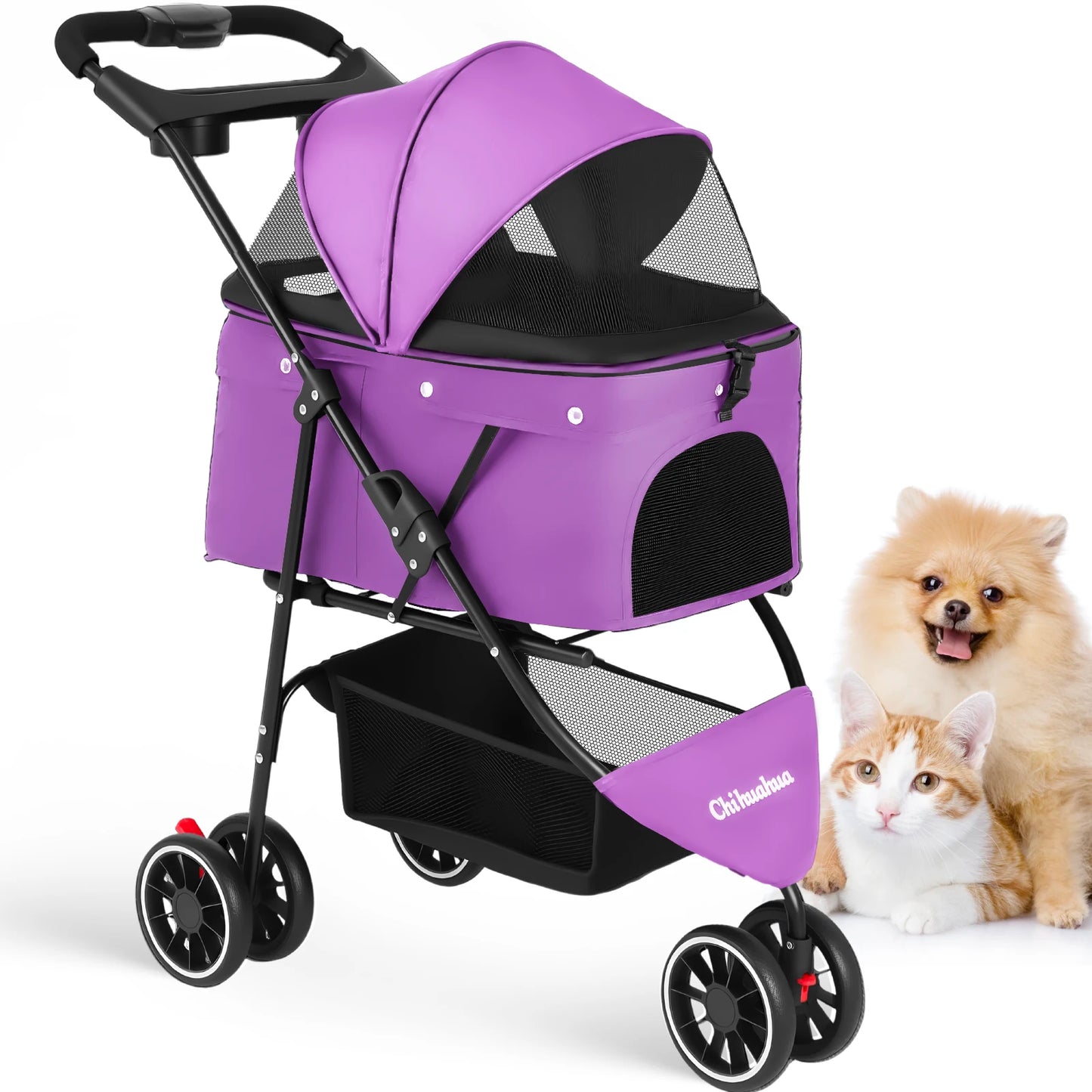 Pet Stroller 3 Wheel Foldable Travel Carrier for Dogs Cats