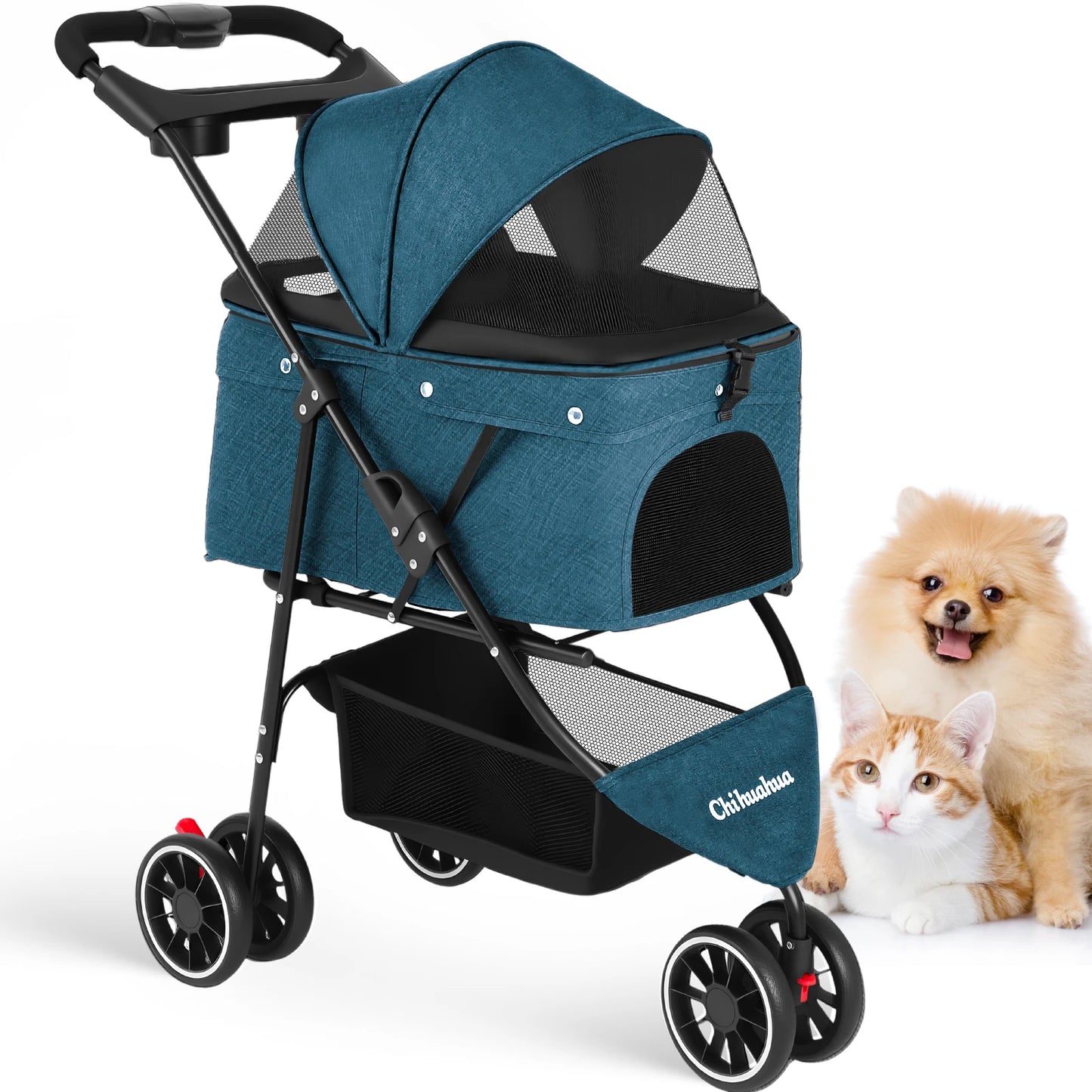 Pet Stroller 3 Wheel Foldable Travel Carrier for Dogs Cats