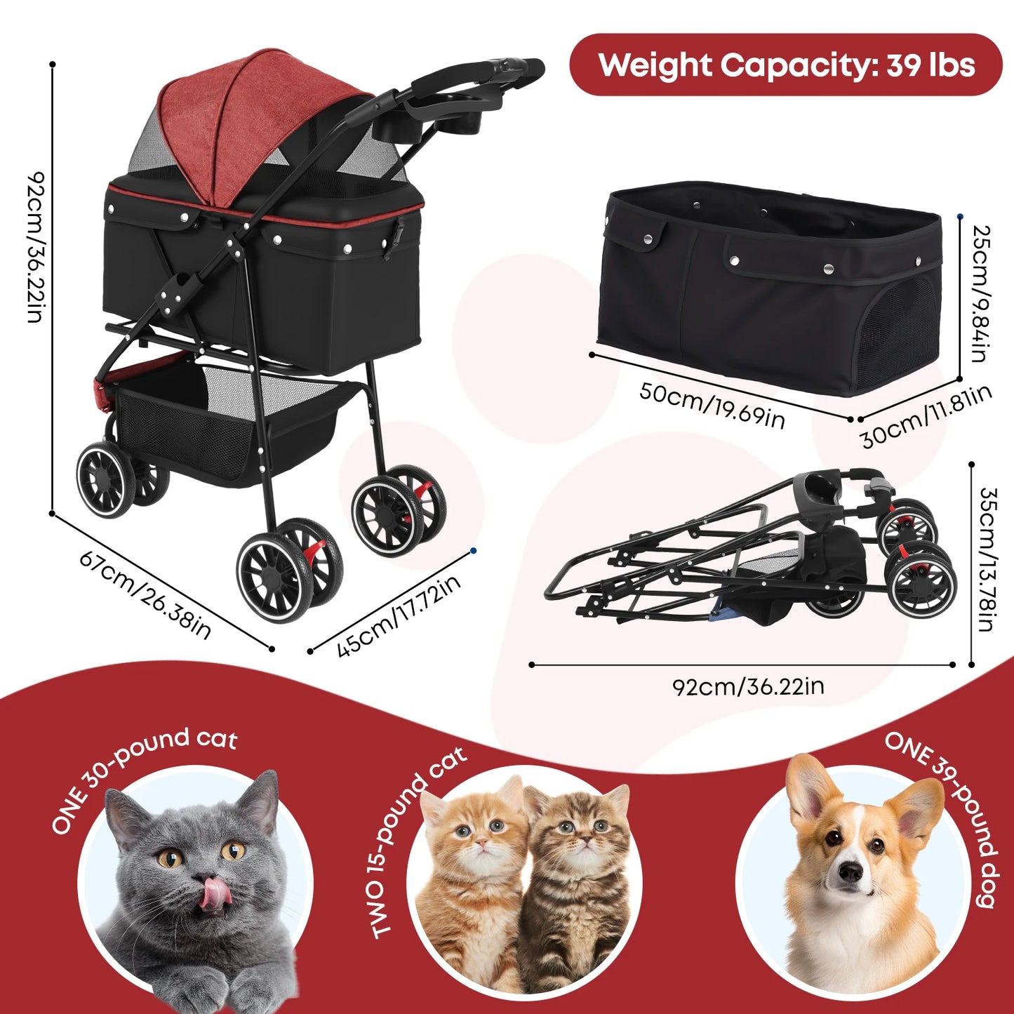 Pet Stroller 3 Wheel Foldable Travel Carrier for Dogs Cats