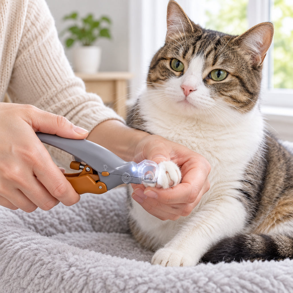 LED pet nail clipper scissors for cats and dogs on a white background