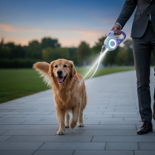 LED Retractable Dog Leash with Flashlight and Safety Lock for Night Walking