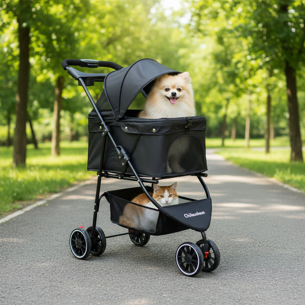 Pet Stroller 3 Wheel Foldable Travel Carrier for small dogs and cats with breathable mesh canopy, lightweight frame, and foldable design for travel and outdoor walks.