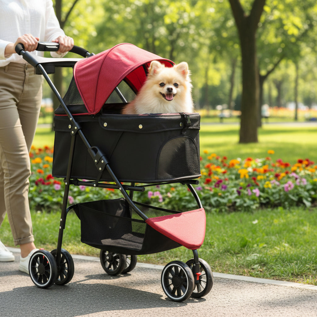 Pet Stroller 3 Wheel Foldable Travel Carrier for Dogs and Cats with Breathable Mesh Canopy